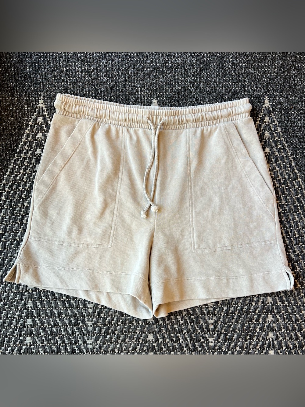H&M French Terry Knit Shorts Women Tan Beige Elastic Waist Drawstring Pockets S